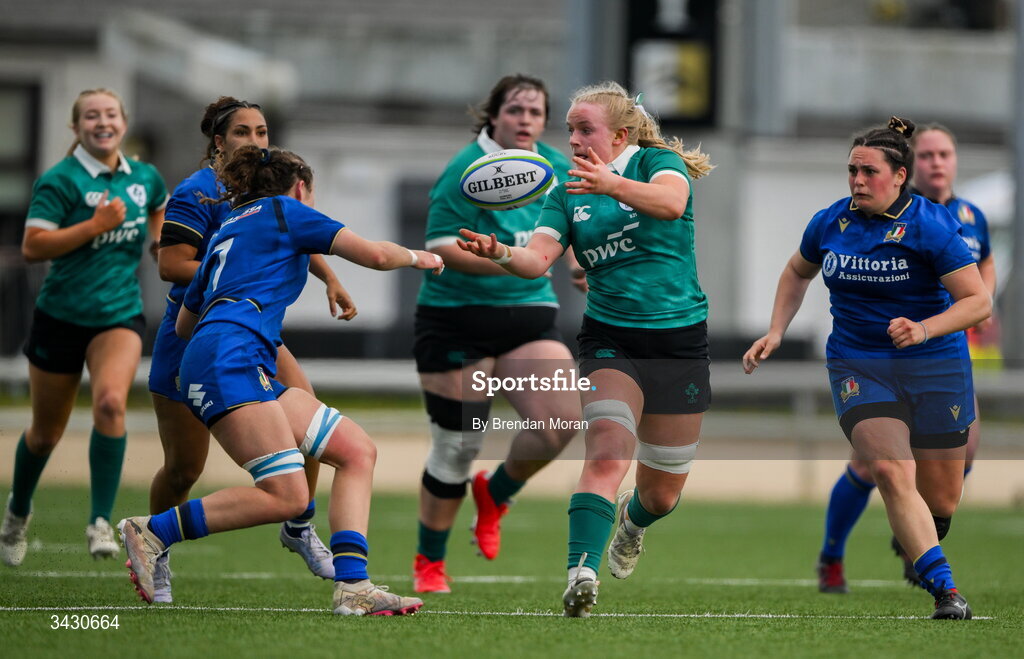 18 April 2026; Ailish Quinn of Ireland makes a break during the Women's U21 Six Nations Series match between Ireland and Italy at Dexcom Stadium in Galway. Photo by Brendan Moran/Sportsfile