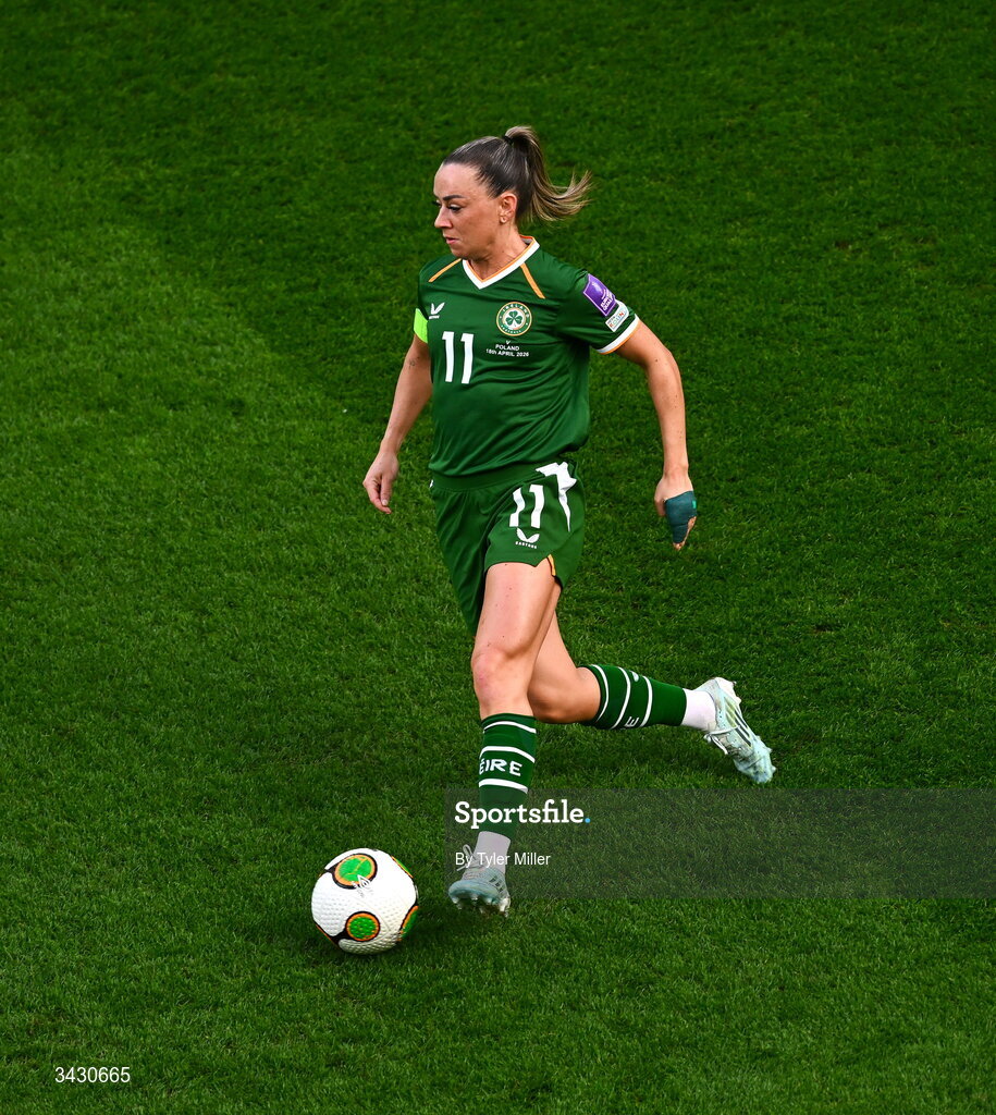 18 April 2026; Katie McCabe of Republic of Ireland during the 2027 FIFA Women’s World Cup Qualifier match between Republic of Ireland and Poland at the Aviva Stadium in Dublin. Photo by Tyler Miller/Sportsfile