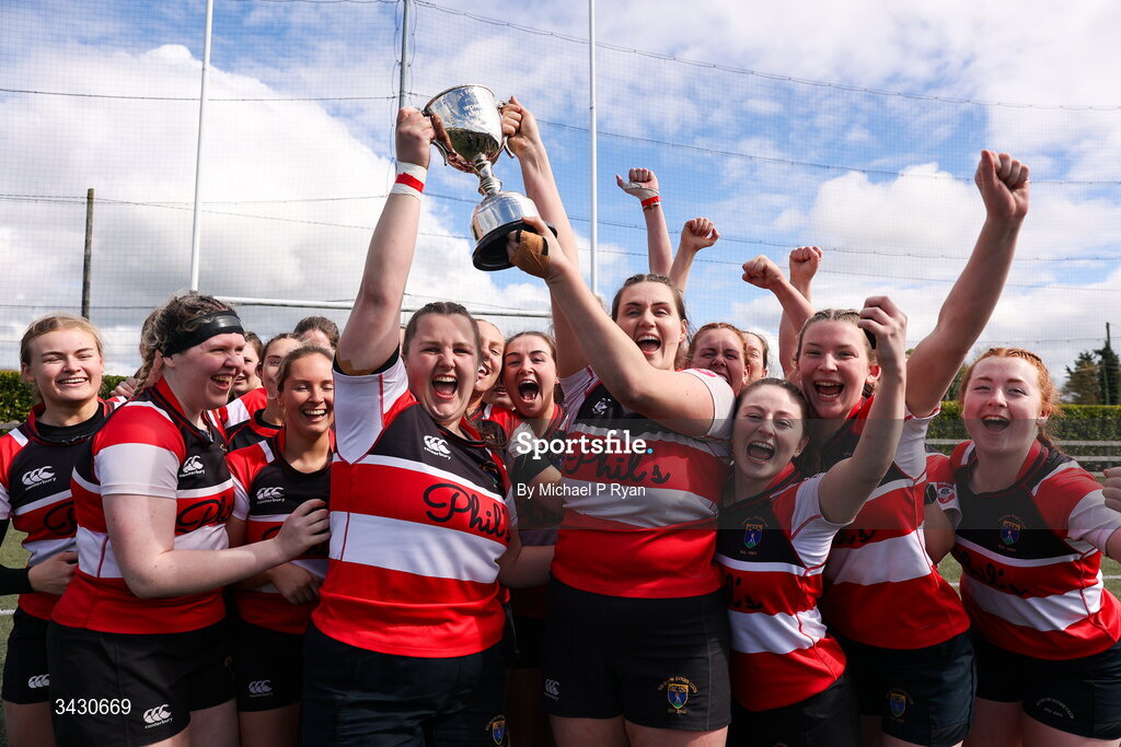 18 April 2026; Wicklow joint captains Eimear Douglas, left, and Rachel Griffey lift the cup after the Energia Women's All-Ireland League Conference final between Galwegians RFC and Wicklow RFC at Mullingar RFC in Mullingar, Westmeath. Photo by Michael P Ryan/Sportsfile