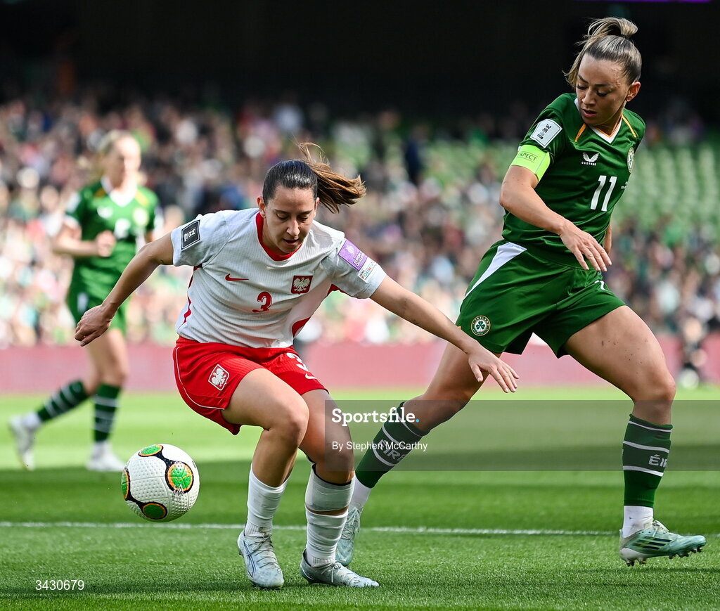 18 April 2026; Wiktoria Zieniewicz of Poland in action against Katie McCabe of Republic of Ireland during the 2027 FIFA Women’s World Cup Qualifier match between Republic of Ireland and Poland at the Aviva Stadium in Dublin. Photo by Stephen McCarthy/Sportsfile