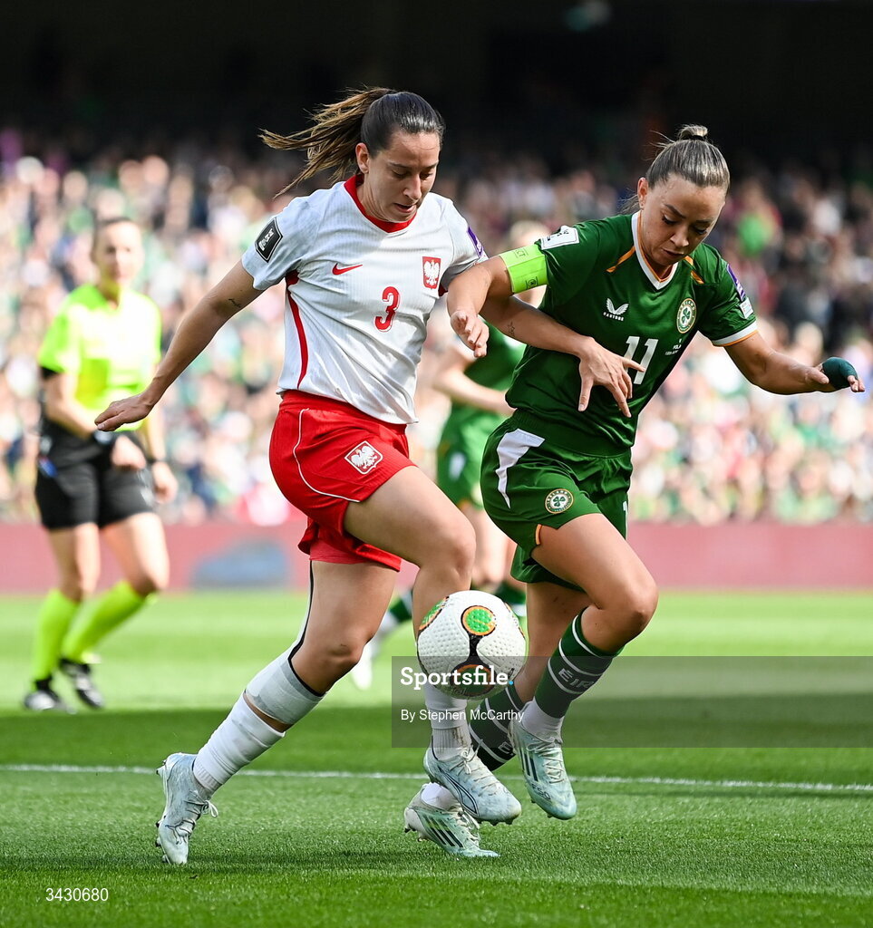 18 April 2026; Wiktoria Zieniewicz of Poland in action against Katie McCabe of Republic of Ireland during the 2027 FIFA Women’s World Cup Qualifier match between Republic of Ireland and Poland at the Aviva Stadium in Dublin. Photo by Stephen McCarthy/Sportsfile