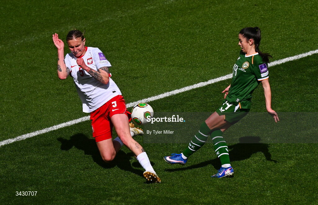 18 April 2026; Marissa Sheva of Republic of Ireland has a shot blocked by Oliwia Wos of Poland during the 2027 FIFA Women’s World Cup Qualifier match between Republic of Ireland and Poland at the Aviva Stadium in Dublin. Photo by Tyler Miller/Sportsfile
