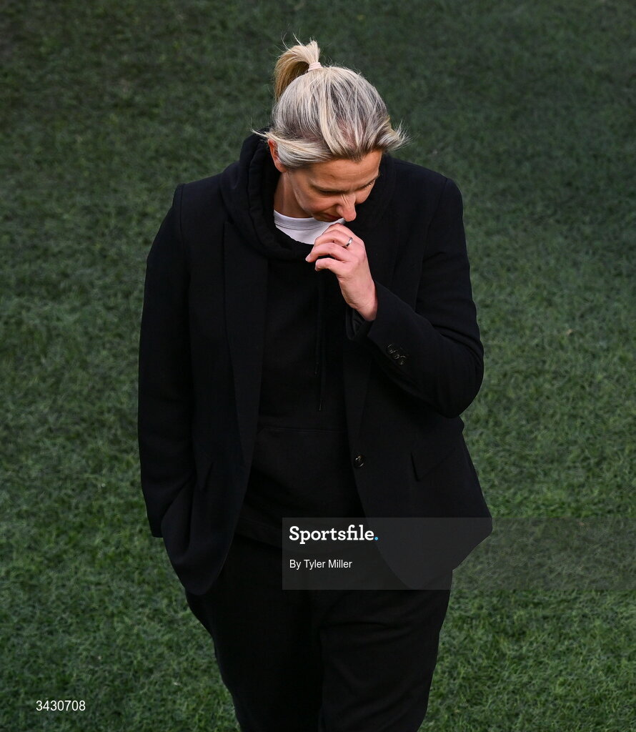18 April 2026; Republic of Ireland head coach Carla Ward during the 2027 FIFA Women’s World Cup Qualifier match between Republic of Ireland and Poland at the Aviva Stadium in Dublin. Photo by Tyler Miller/Sportsfile