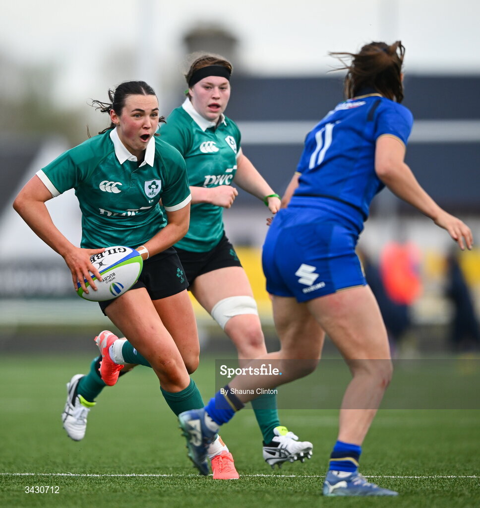 18 April 2026; Niamh Murphy of Ireland in action against Lucie Moioli of Italy during the Women's U21 Six Nations Series match between Ireland and Italy at Dexcom Stadium in Galway. Photo by Shauna Clinton/Sportsfile