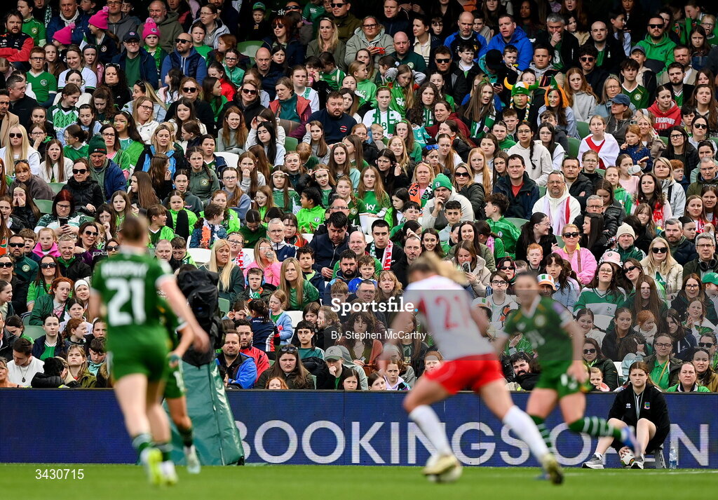18 April 2026; Supporters during the 2027 FIFA Women’s World Cup Qualifier match between Republic of Ireland and Poland at the Aviva Stadium in Dublin. Photo by Stephen McCarthy/Sportsfile