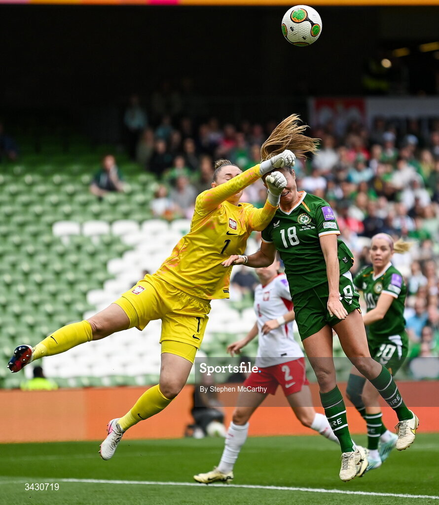 18 April 2026; Poland goalkeeper Kinga Szemik in action against Kyra Carusa of Republic of Ireland during the 2027 FIFA Women’s World Cup Qualifier match between Republic of Ireland and Poland at the Aviva Stadium in Dublin. Photo by Stephen McCarthy/Sportsfile