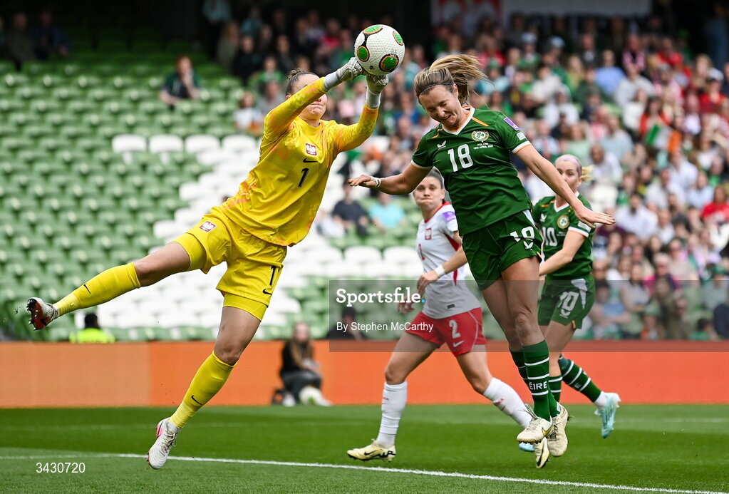 18 April 2026; Poland goalkeeper Kinga Szemik in action against Kyra Carusa of Republic of Ireland during the 2027 FIFA Women’s World Cup Qualifier match between Republic of Ireland and Poland at the Aviva Stadium in Dublin. Photo by Stephen McCarthy/Sportsfile