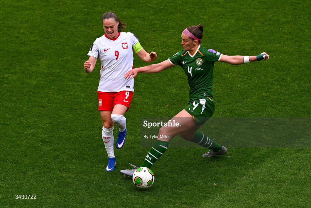 18 April 2026; Caitlin Hayes of Republic of Ireland in action against Ewa Pajor of Poland during the 2027 FIFA Women’s World Cup Qualifier match between Republic of Ireland and Poland at the Aviva Stadium in Dublin. Photo by Tyler Miller/Sportsfile