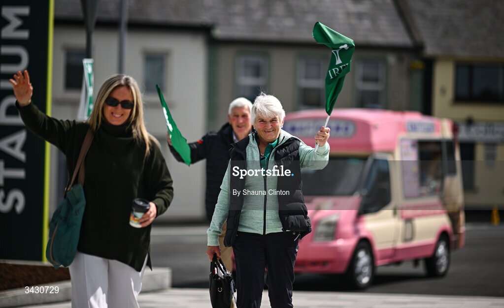 18 April 2026; Ireland supporters arrive ahead of the Women's Six Nations Rugby Championship match between Ireland and Italy at Dexcom Stadium in Galway. Photo by Shauna Clinton/Sportsfile