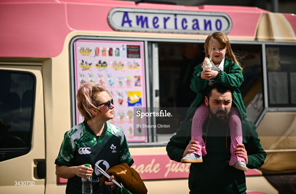 18 April 2026; Ireland supporters arrive ahead of the Women's Six Nations Rugby Championship match between Ireland and Italy at Dexcom Stadium in Galway. Photo by Shauna Clinton/Sportsfile