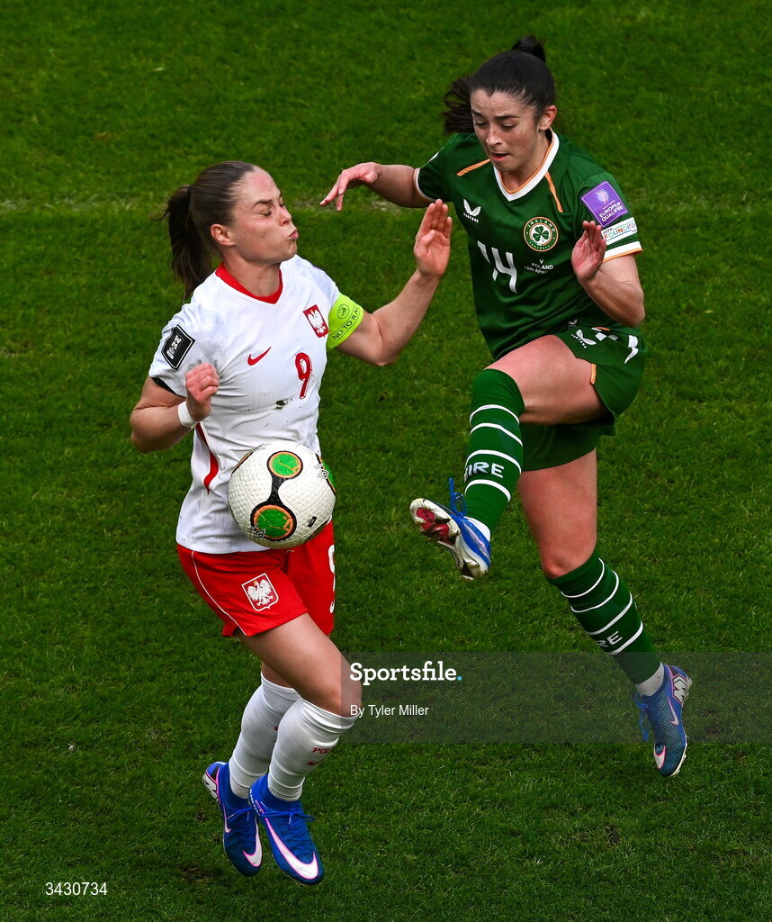 18 April 2026; Marissa Sheva of Republic of Ireland in action against Ewa Pajor of Poland during the 2027 FIFA Women’s World Cup Qualifier match between Republic of Ireland and Poland at the Aviva Stadium in Dublin. Photo by Tyler Miller/Sportsfile