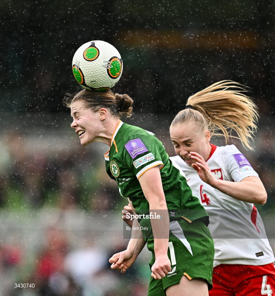 18 April 2026; Emily Murphy of Republic of Ireland in action against Paulina Dudek of Poland during the 2027 FIFA Women’s World Cup Qualifier match between Republic of Ireland and Poland at the Aviva Stadium in Dublin. Photo by Seb Daly/Sportsfile