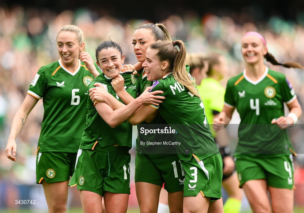 18 April 2026; Marissa Sheva of Republic of Ireland, second from left, celebrates with team-mates after scoring their side's first goal during the 2027 FIFA Women’s World Cup Qualifier match between Republic of Ireland and Poland at the Aviva Stadium in Dublin. Photo by Stephen McCarthy/Sportsfile