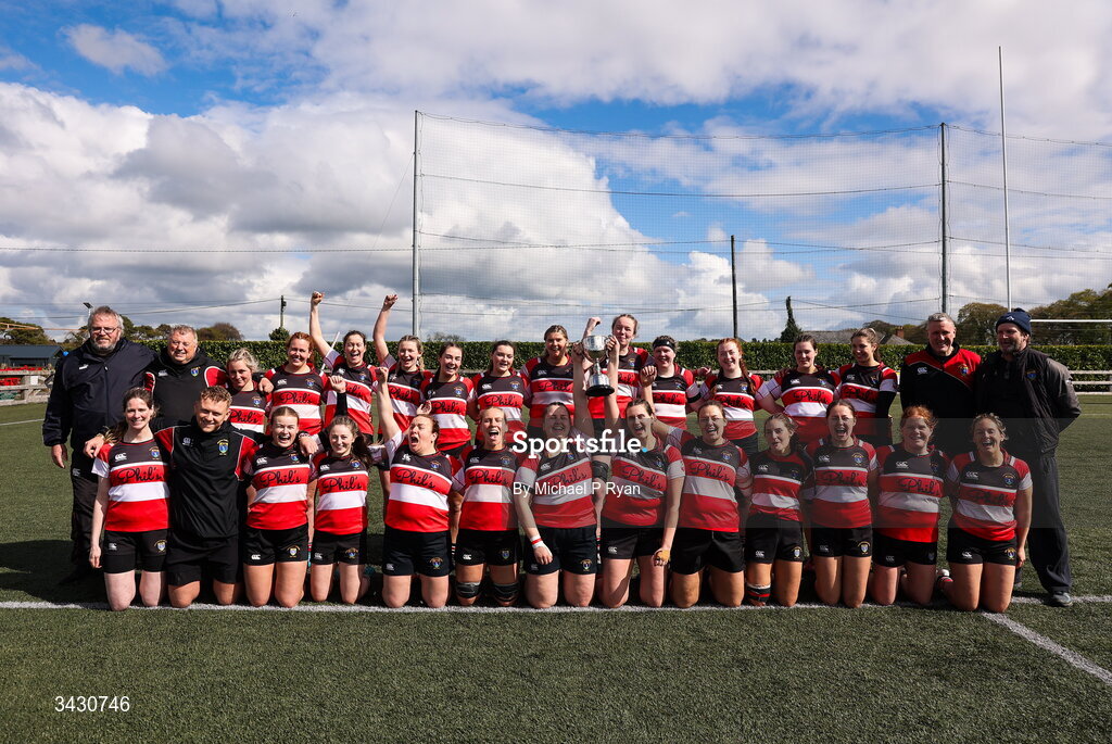 18 April 2026; Wicklow players and staff celebrate with the cup after the Energia Women's All-Ireland League Conference final between Galwegians RFC and Wicklow RFC at Mullingar RFC in Mullingar, Westmeath. Photo by Michael P Ryan/Sportsfile