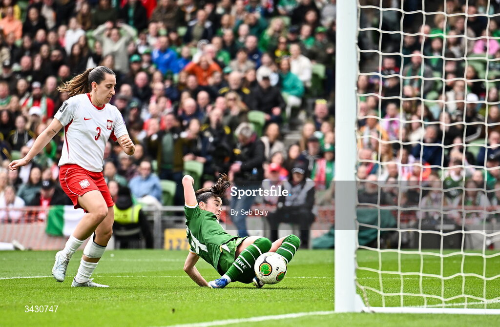18 April 2026; Marissa Sheva of Republic of Ireland shoots to score her side's first goal during the 2027 FIFA Women’s World Cup Qualifier match between Republic of Ireland and Poland at the Aviva Stadium in Dublin. Photo by Seb Daly/Sportsfile
