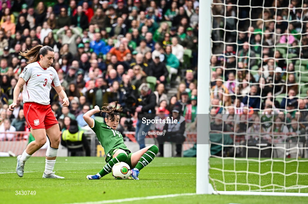 18 April 2026; Marissa Sheva of Republic of Ireland shoots to score her side's first goal during the 2027 FIFA Women’s World Cup Qualifier match between Republic of Ireland and Poland at the Aviva Stadium in Dublin. Photo by Seb Daly/Sportsfile
