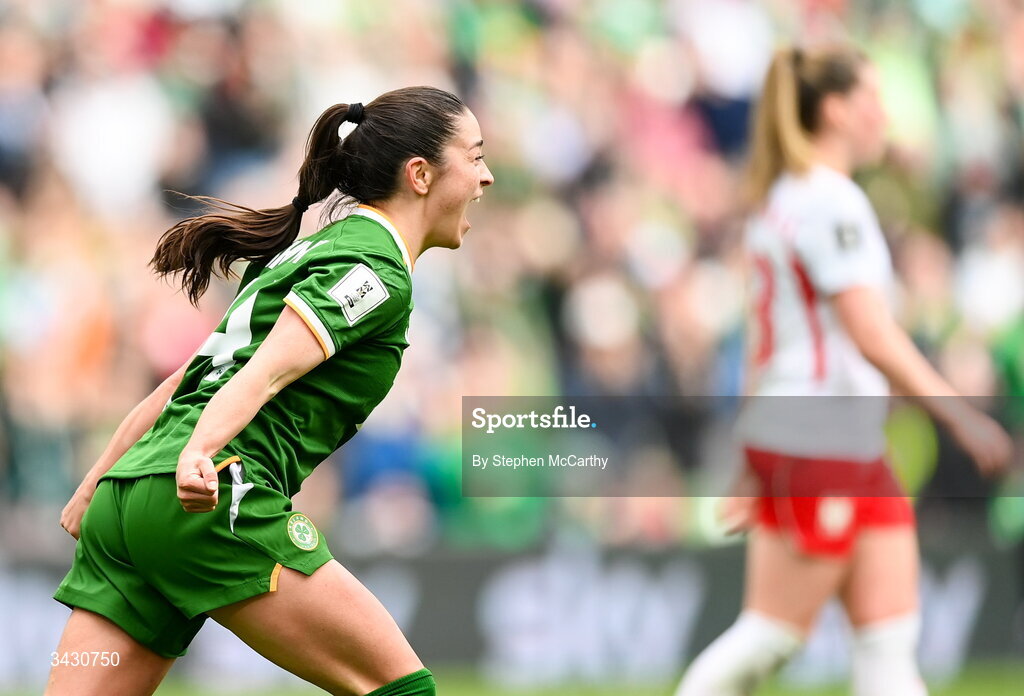 18 April 2026; Marissa Sheva of Republic of Ireland celebrates after scoring her side's first goal during the 2027 FIFA Women’s World Cup Qualifier match between Republic of Ireland and Poland at the Aviva Stadium in Dublin. Photo by Stephen McCarthy/Sportsfile