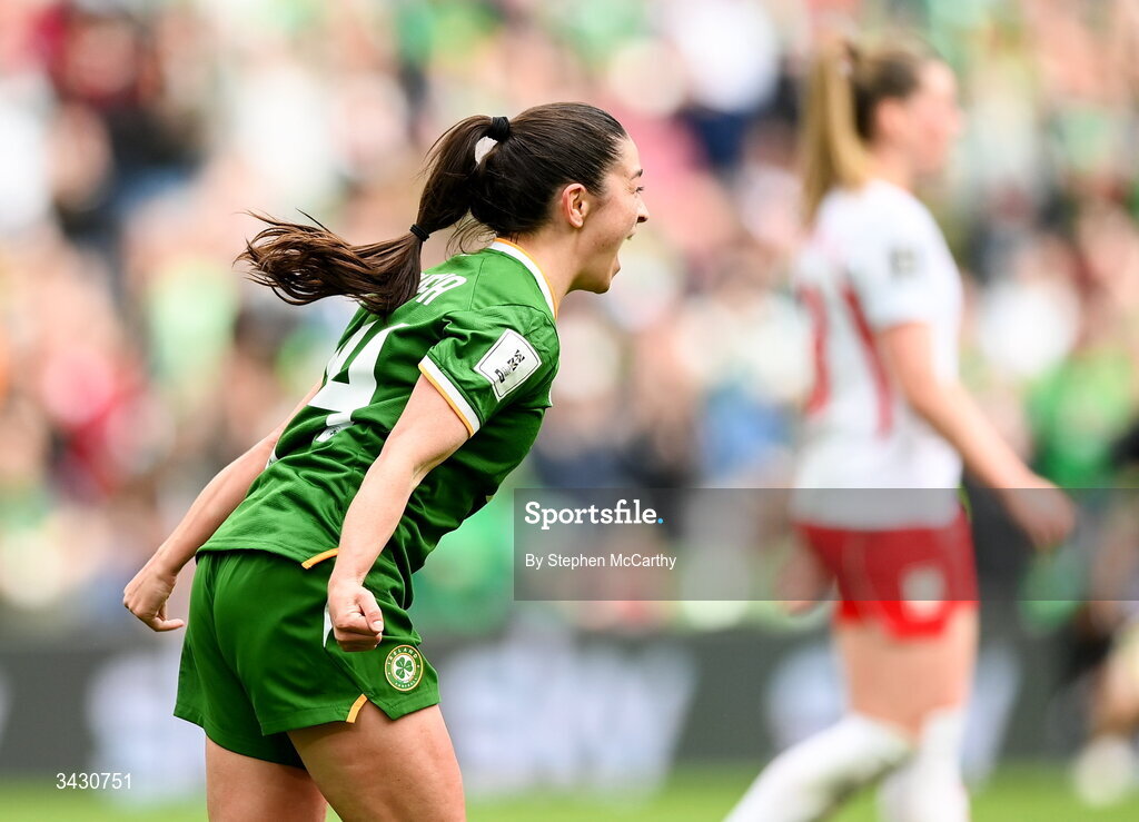 18 April 2026; Marissa Sheva of Republic of Ireland celebrates after scoring her side's first goal during the 2027 FIFA Women’s World Cup Qualifier match between Republic of Ireland and Poland at the Aviva Stadium in Dublin. Photo by Stephen McCarthy/Sportsfile