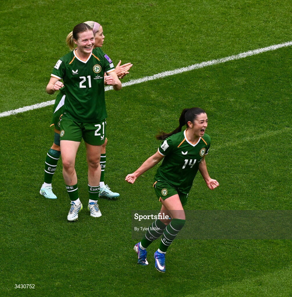 18 April 2026; Marissa Sheva of Republic of Ireland celebrates after scoring her side's first goal during the 2027 FIFA Women’s World Cup Qualifier match between Republic of Ireland and Poland at the Aviva Stadium in Dublin. Photo by Tyler Miller/Sportsfile