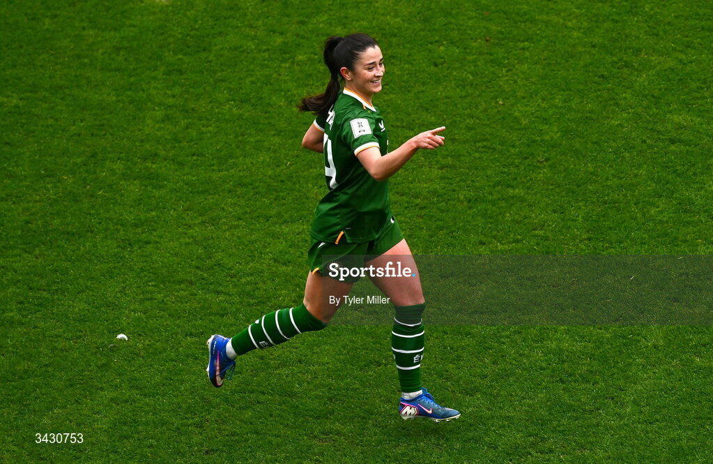 18 April 2026; Marissa Sheva of Republic of Ireland celebrates after scoring her side's first goal during the 2027 FIFA Women’s World Cup Qualifier match between Republic of Ireland and Poland at the Aviva Stadium in Dublin. Photo by Tyler Miller/Sportsfile