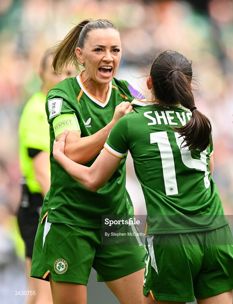 18 April 2026; Marissa Sheva of Republic of Ireland, right, celebrates with team-mate Katie McCabe after scoring their side's first goal during the 2027 FIFA Women’s World Cup Qualifier match between Republic of Ireland and Poland at the Aviva Stadium in Dublin. Photo by Stephen McCarthy/Sportsfile