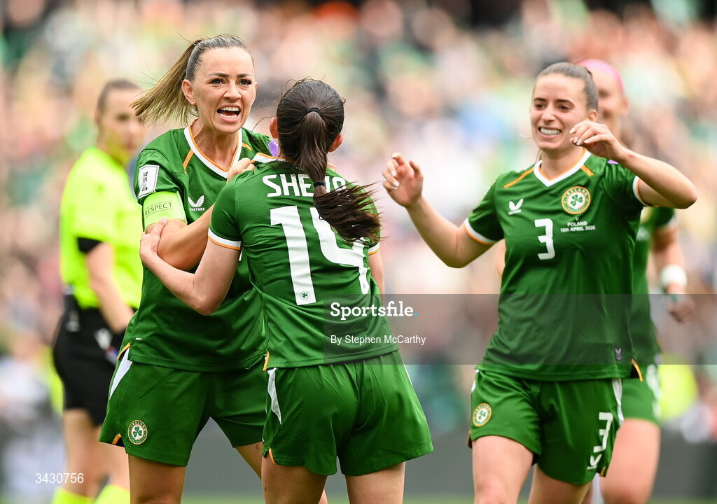 18 April 2026; Marissa Sheva of Republic of Ireland, 14, celebrates with team-mate Katie McCabe after scoring their side's first goal during the 2027 FIFA Women’s World Cup Qualifier match between Republic of Ireland and Poland at the Aviva Stadium in Dublin. Photo by Stephen McCarthy/Sportsfile