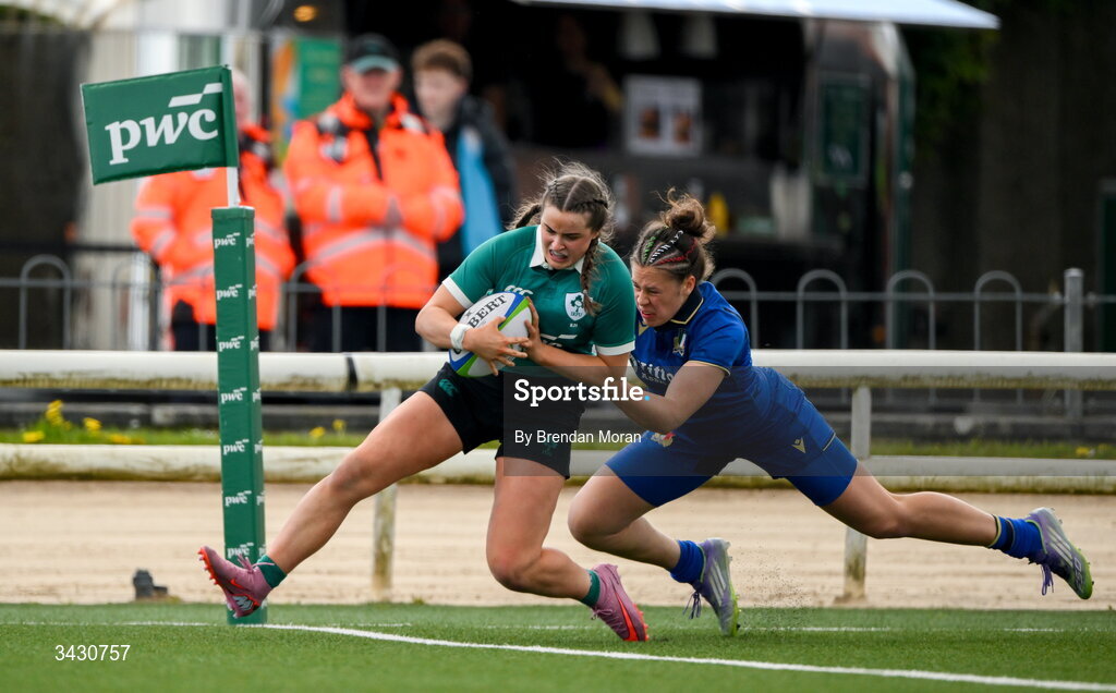 18 April 2026; Katie Corrigan of Ireland scores a try during the Women's U21 Six Nations Series match between Ireland and Italy at Dexcom Stadium in Galway. Photo by Brendan Moran/Sportsfile