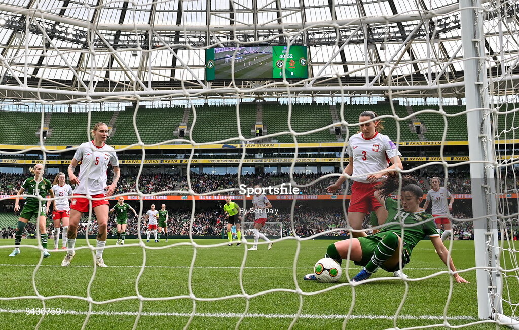 18 April 2026; Marissa Sheva of Republic of Ireland shoots to score her side's first goal during the 2027 FIFA Women’s World Cup Qualifier match between Republic of Ireland and Poland at the Aviva Stadium in Dublin. Photo by Seb Daly/Sportsfile