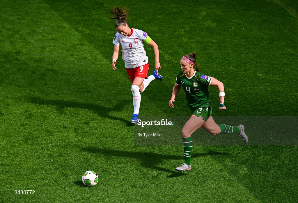 18 April 2026; Caitlin Hayes of Republic of Ireland in action against Ewa Pajor of Poland during the 2027 FIFA Women’s World Cup Qualifier match between Republic of Ireland and Poland at the Aviva Stadium in Dublin. Photo by Tyler Miller/Sportsfile