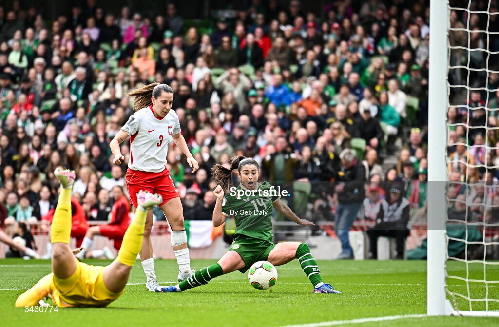 18 April 2026; Marissa Sheva of Republic of Ireland scores her side's first goal during the 2027 FIFA Women’s World Cup Qualifier match between Republic of Ireland and Poland at the Aviva Stadium in Dublin. Photo by Seb Daly/Sportsfile