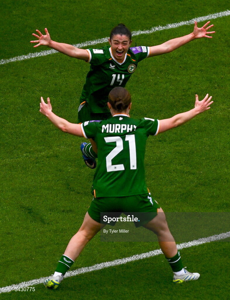 18 April 2026; Marissa Sheva of Republic of Ireland, top, celebrates with team-mate Emily Murphy after scoring their side's first goal during the 2027 FIFA Women’s World Cup Qualifier match between Republic of Ireland and Poland at the Aviva Stadium in Dublin. Photo by Tyler Miller/Sportsfile