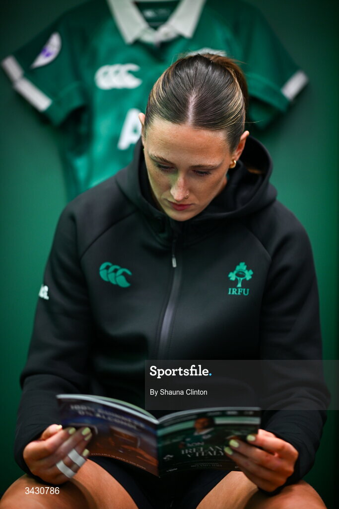 18 April 2026; Anna McGann of Ireland before the Women's Six Nations Rugby Championship match between Ireland and Italy at Dexcom Stadium in Galway. Photo by Shauna Clinton/Sportsfile