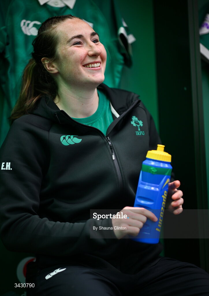 18 April 2026; Eve Higgins of Ireland before the Women's Six Nations Rugby Championship match between Ireland and Italy at Dexcom Stadium in Galway. Photo by Shauna Clinton/Sportsfile