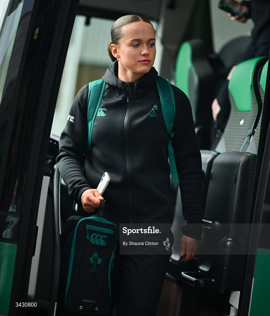 18 April 2026; Robyn O'Connor of Ireland arrives before the Women's Six Nations Rugby Championship match between Ireland and Italy at Dexcom Stadium in Galway. Photo by Shauna Clinton/Sportsfile