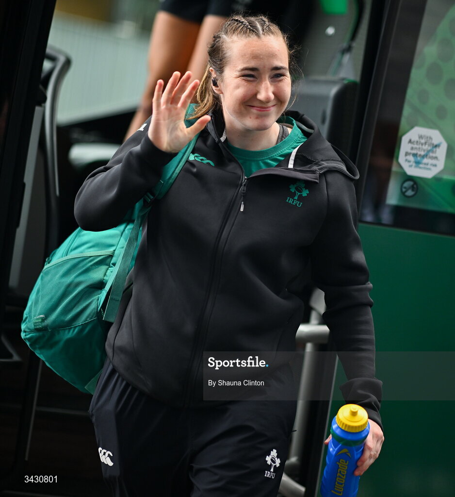 18 April 2026; Eve Higgins of Ireland arrives before the Women's Six Nations Rugby Championship match between Ireland and Italy at Dexcom Stadium in Galway. Photo by Shauna Clinton/Sportsfile