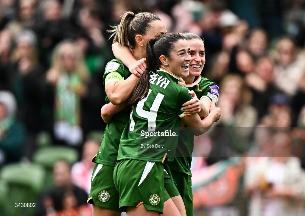 18 April 2026; Marissa Sheva of Republic of Ireland celebrates with team-mates Katie McCabe and Chloe Mustaki after scoring their side's first goal during the 2027 FIFA Women’s World Cup Qualifier match between Republic of Ireland and Poland at the Aviva Stadium in Dublin. Photo by Seb Daly/Sportsfile