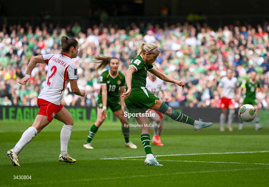 18 April 2026; Denise O'Sullivan of Republic of Ireland has a shot at goal which hits the bar during the 2027 FIFA Women’s World Cup Qualifier match between Republic of Ireland and Poland at the Aviva Stadium in Dublin. Photo by Stephen McCarthy/Sportsfile