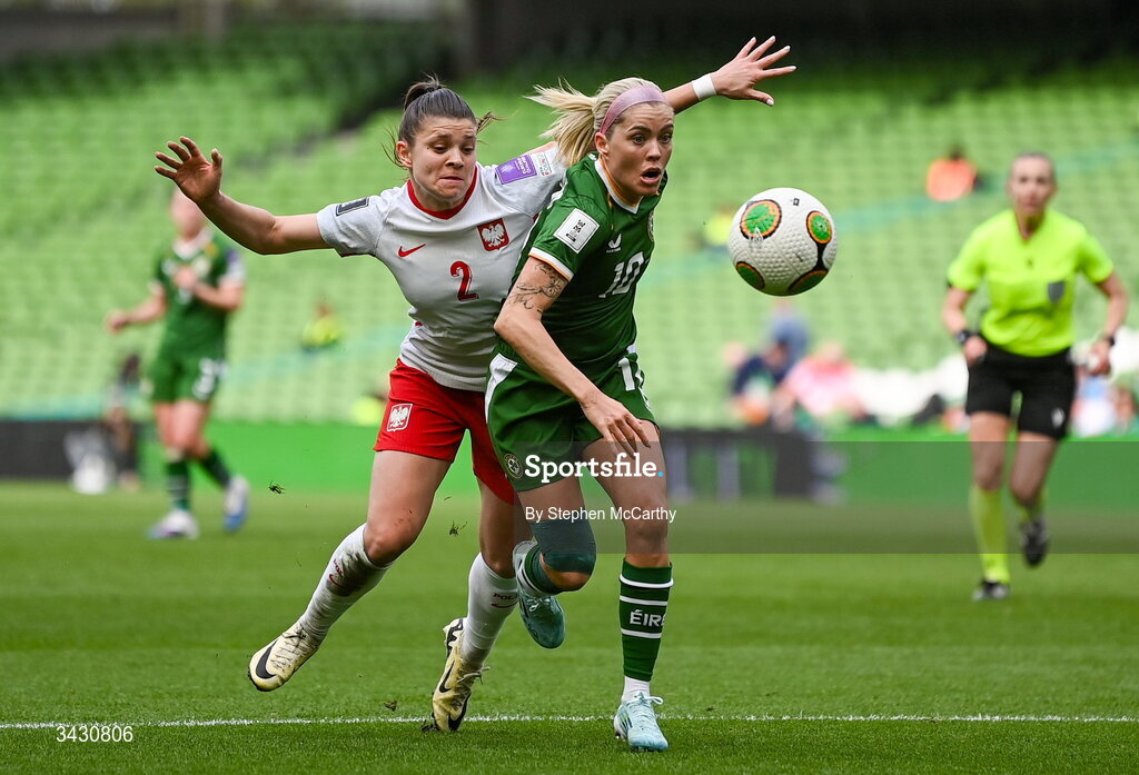 18 April 2026; Denise O'Sullivan of Republic of Ireland in action against Martyna Wiankowska of Poland during the 2027 FIFA Women’s World Cup Qualifier match between Republic of Ireland and Poland at the Aviva Stadium in Dublin. Photo by Stephen McCarthy/Sportsfile