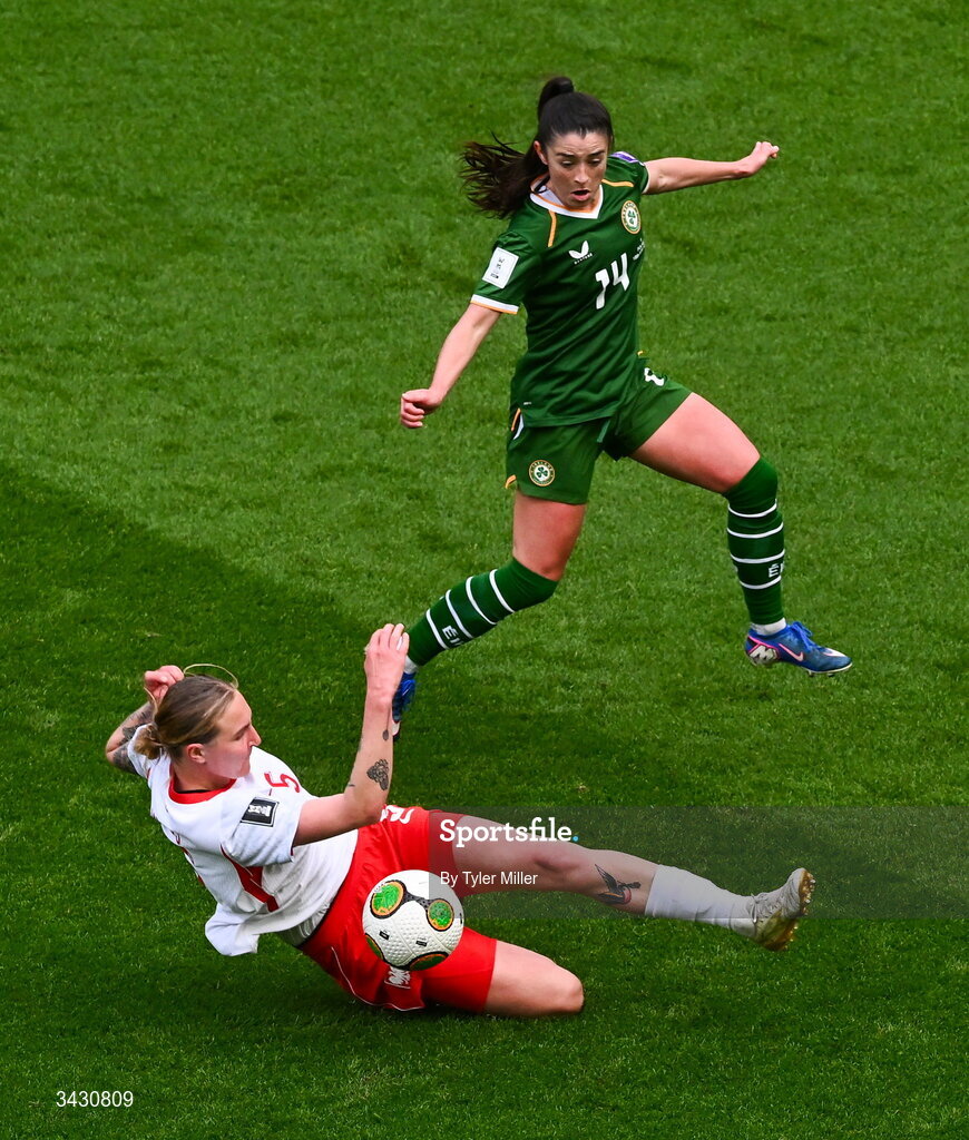 18 April 2026; Marissa Sheva of Republic of Ireland in action against Oliwia Wos of Poland during the 2027 FIFA Women’s World Cup Qualifier match between Republic of Ireland and Poland at the Aviva Stadium in Dublin. Photo by Tyler Miller/Sportsfile