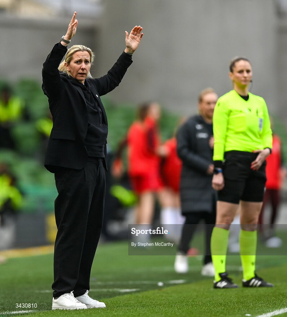 18 April 2026; Republic of Ireland head coach Carla Ward during the 2027 FIFA Women’s World Cup Qualifier match between Republic of Ireland and Poland at the Aviva Stadium in Dublin. Photo by Stephen McCarthy/Sportsfile
