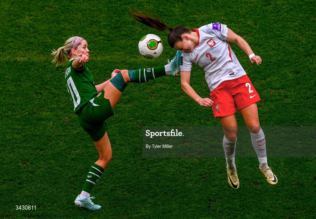 18 April 2026; Denise O'Sullivan of Republic of Ireland in action against Martyna Wiankowska of Poland during the 2027 FIFA Women’s World Cup Qualifier match between Republic of Ireland and Poland at the Aviva Stadium in Dublin. Photo by Tyler Miller/Sportsfile