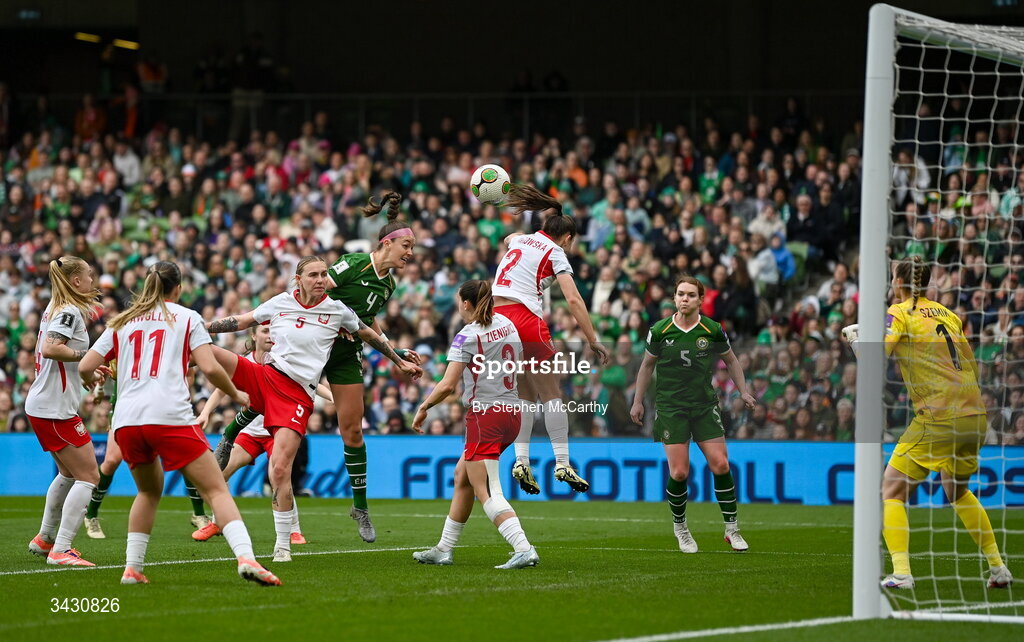 18 April 2026; Caitlin Hayes of Republic of Ireland has a header at goal during the 2027 FIFA Women’s World Cup Qualifier match between Republic of Ireland and Poland at the Aviva Stadium in Dublin. Photo by Stephen McCarthy/Sportsfile