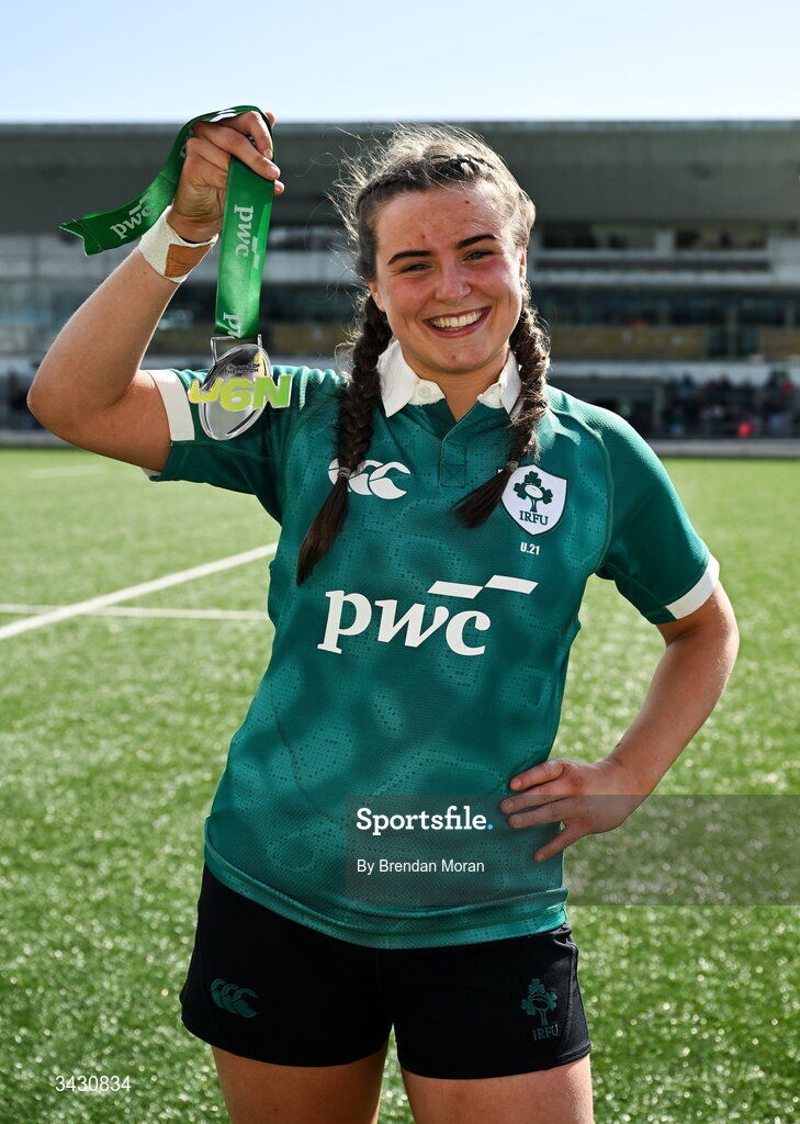 18 April 2026; Katie Corrigan of Ireland with her player of the match medal after the Women's U21 Six Nations Series match between Ireland and Italy at Dexcom Stadium in Galway. Photo by Brendan Moran/Sportsfile
