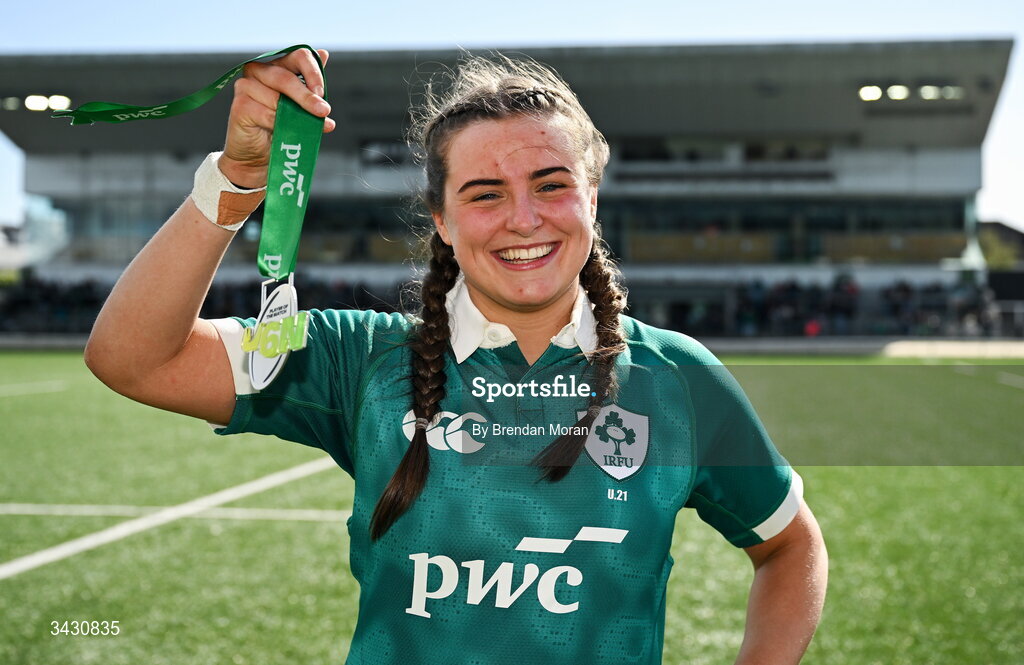 18 April 2026; Katie Corrigan of Ireland with her player of the match medal after the Women's U21 Six Nations Series match between Ireland and Italy at Dexcom Stadium in Galway. Photo by Brendan Moran/Sportsfile