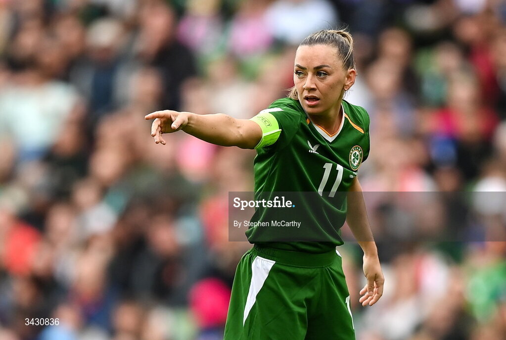 18 April 2026; Katie McCabe of Republic of Ireland during the 2027 FIFA Women’s World Cup Qualifier match between Republic of Ireland and Poland at the Aviva Stadium in Dublin. Photo by Stephen McCarthy/Sportsfile