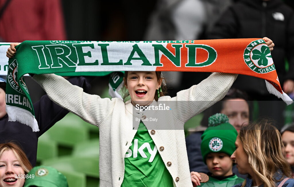 18 April 2026; Republic of Ireland supporters during the 2027 FIFA Women’s World Cup Qualifier match between Republic of Ireland and Poland at the Aviva Stadium in Dublin. Photo by Seb Daly/Sportsfile