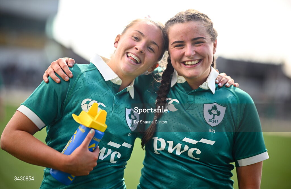 18 April 2026; Lucia Linn, left, and Katie Corrigan of Ireland celebrate after the Women's U21 Six Nations Series match between Ireland and Italy at Dexcom Stadium in Galway. Photo by Shauna Clinton/Sportsfile