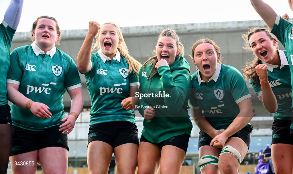 18 April 2026; Ireland players celebrate after the Women's U21 Six Nations Series match between Ireland and Italy at Dexcom Stadium in Galway. Photo by Shauna Clinton/Sportsfile