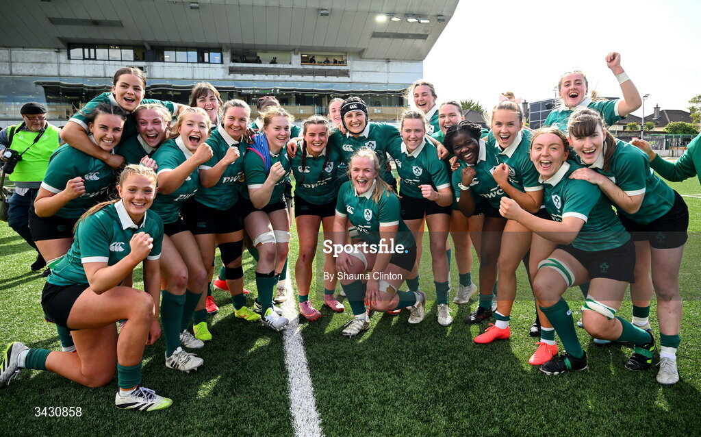 18 April 2026; Ireland players celebrate after the Women's U21 Six Nations Series match between Ireland and Italy at Dexcom Stadium in Galway. Photo by Shauna Clinton/Sportsfile
