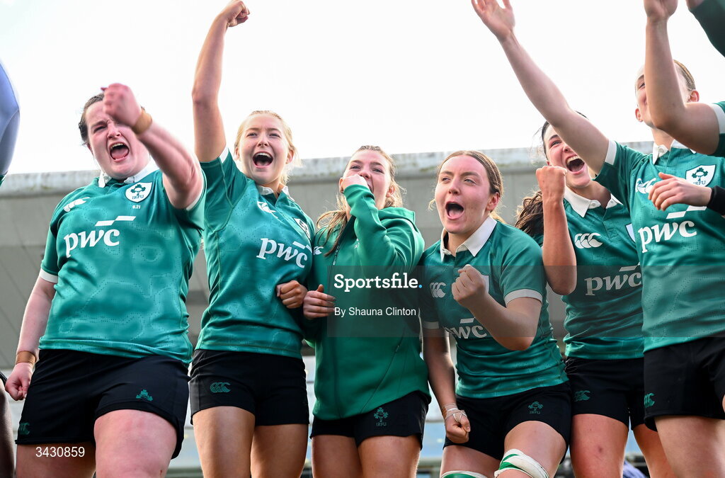 18 April 2026; Ireland players celebrate after the Women's U21 Six Nations Series match between Ireland and Italy at Dexcom Stadium in Galway. Photo by Shauna Clinton/Sportsfile